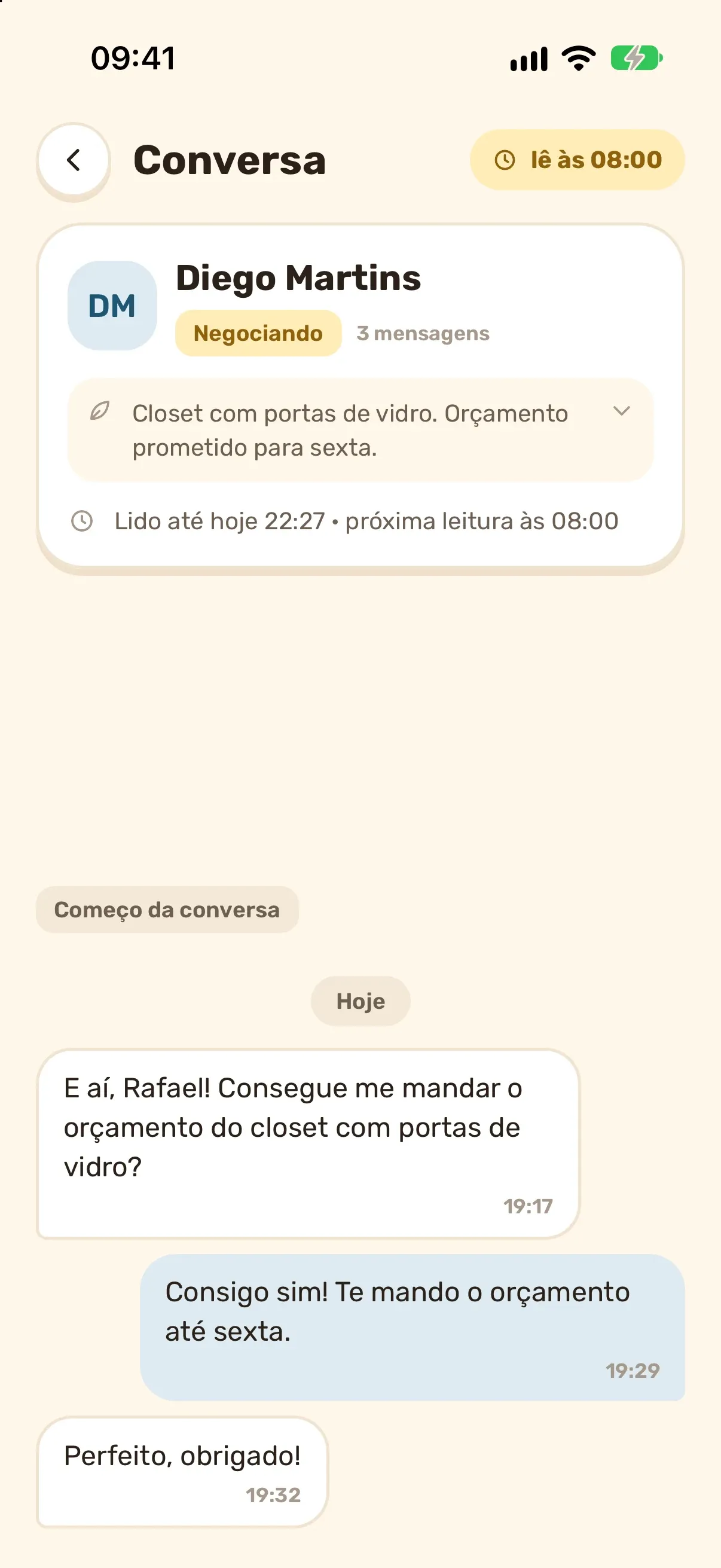 Conversa no Tenaz: o cliente pede o orçamento e a resposta promete enviar até sexta
